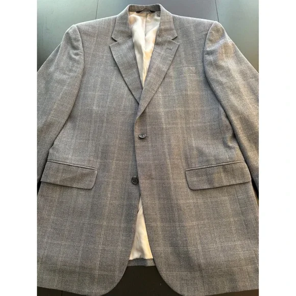Jos. A. Bank Silk Wool Sport Coat Men 42L Blue Windowpane 2-Button Blazer Jacket